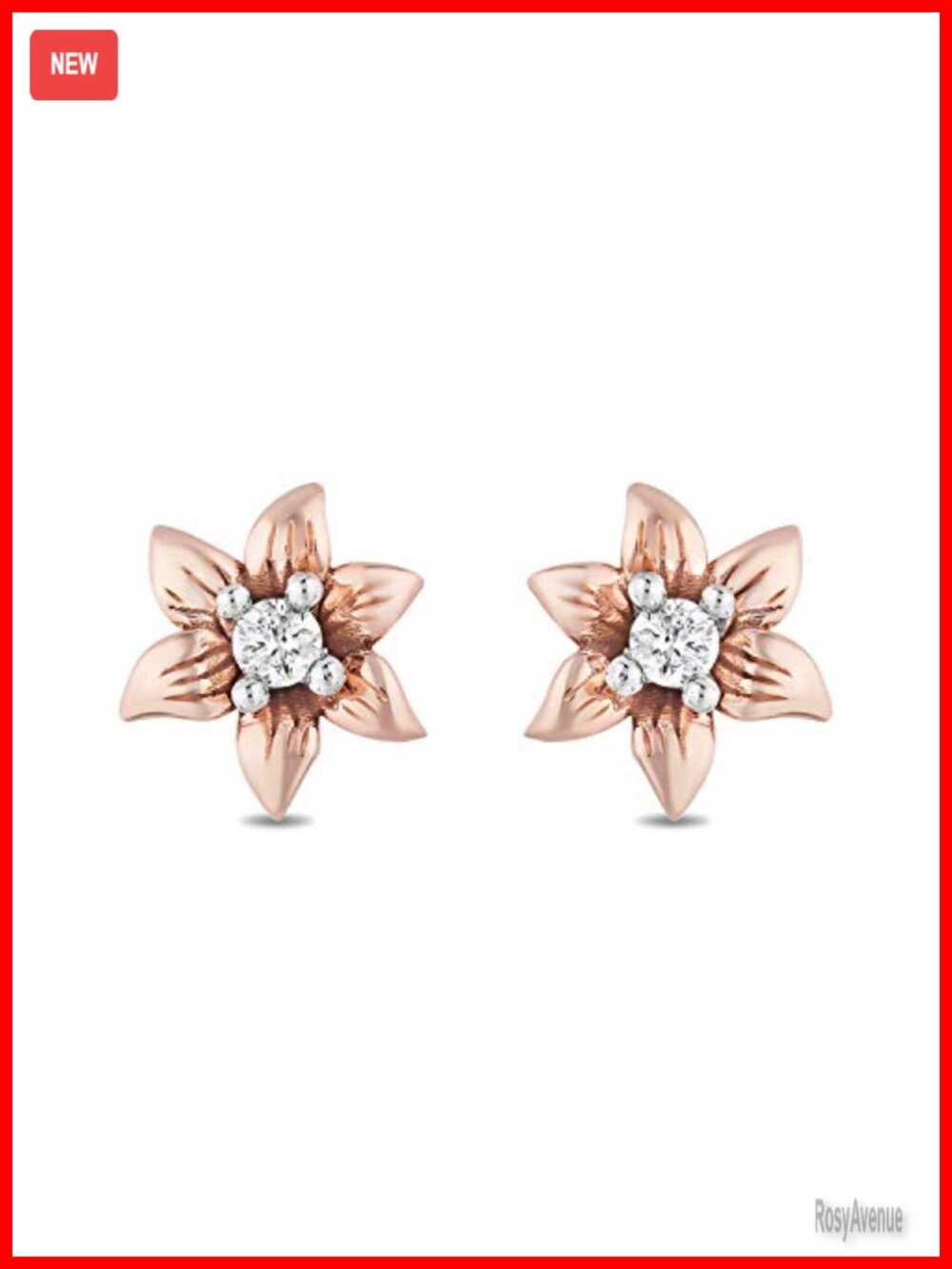10K Rose Gold Diamond Floral Stud Earrings Push Back